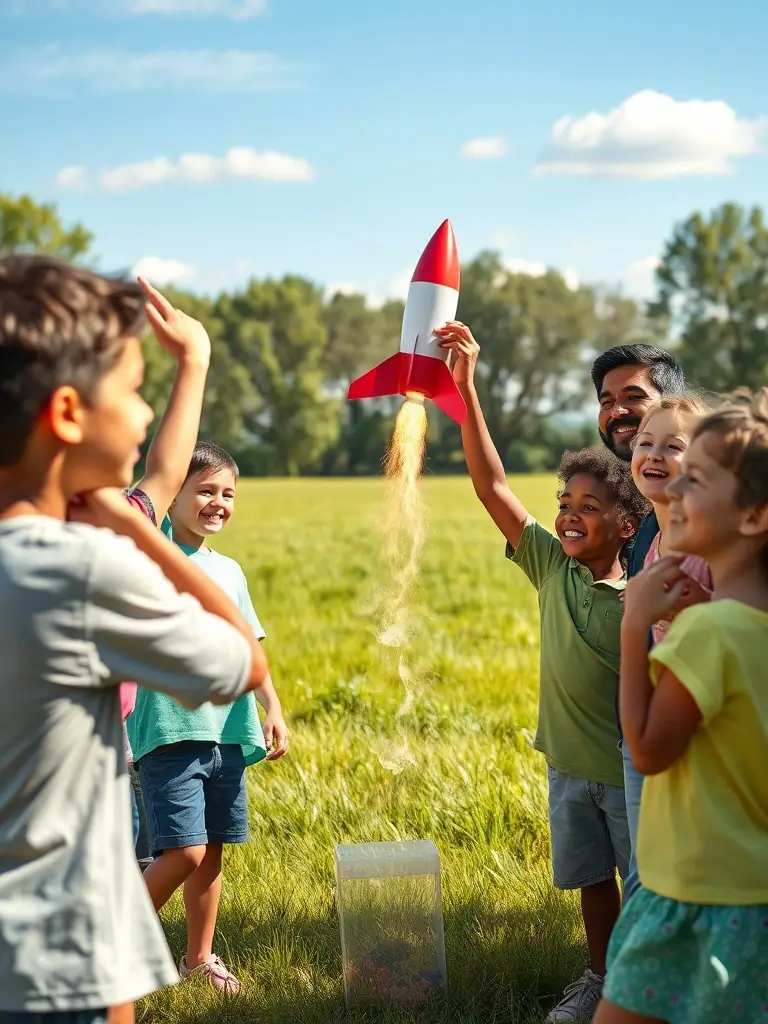 A diverse group of participants are launching a small rocket during an outdoor event, showcasing GSAA's outreach activities and promotion of STEM education.