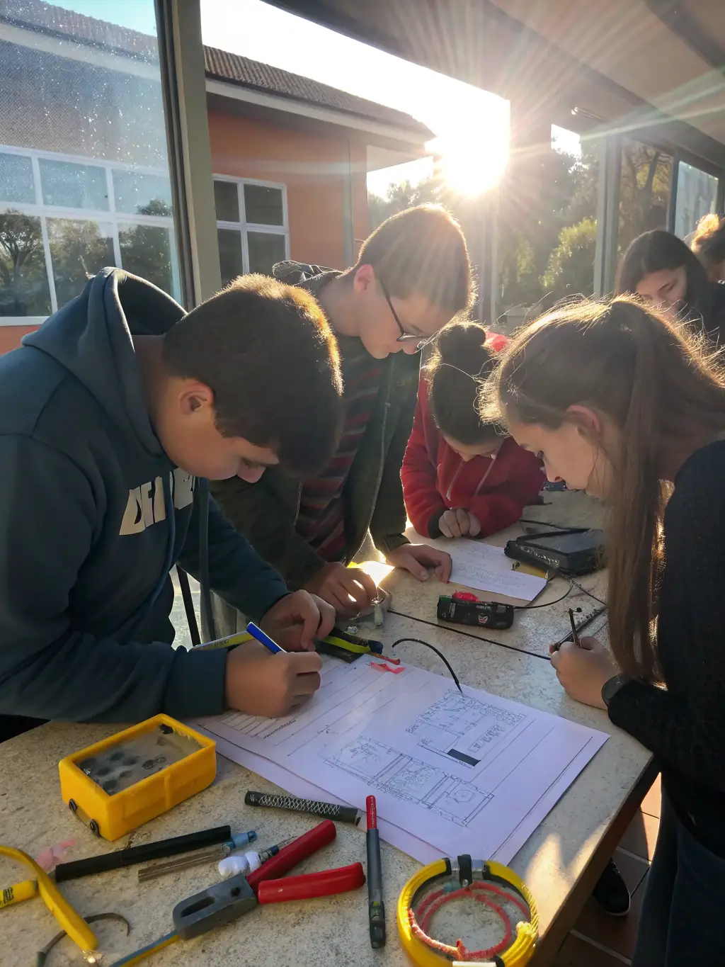 A group of young students working together on assembling a small aircraft model in a brightly lit workshop, showcasing the hands-on learning aspect of GSAA's educational programs.