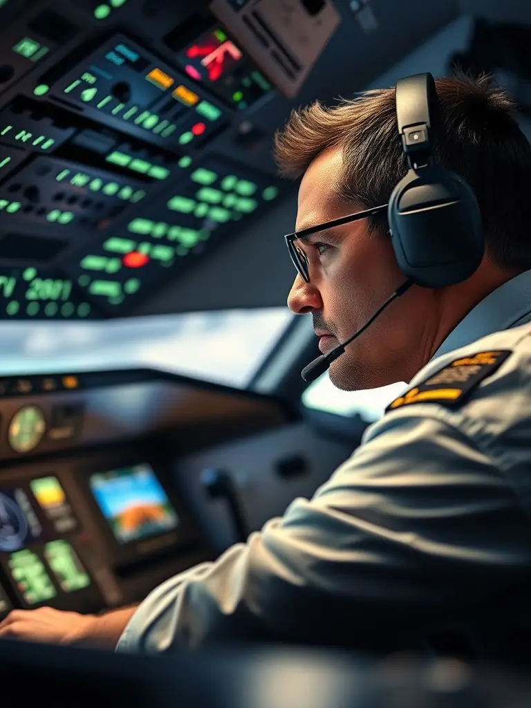 A student is intently focused on using a flight simulator, with a realistic cockpit setup visible in the background, demonstrating the use of technology in GSAA's training programs.