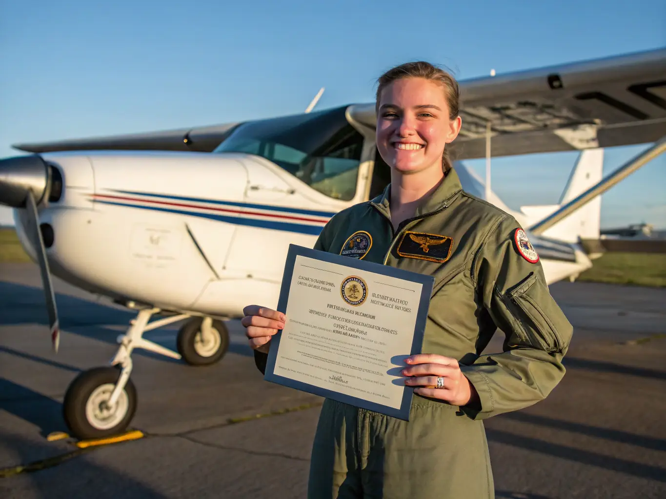 A young graduate in a cap and gown stands proudly next to a small aircraft they helped build, symbolizing the career opportunities and achievements possible through the program.