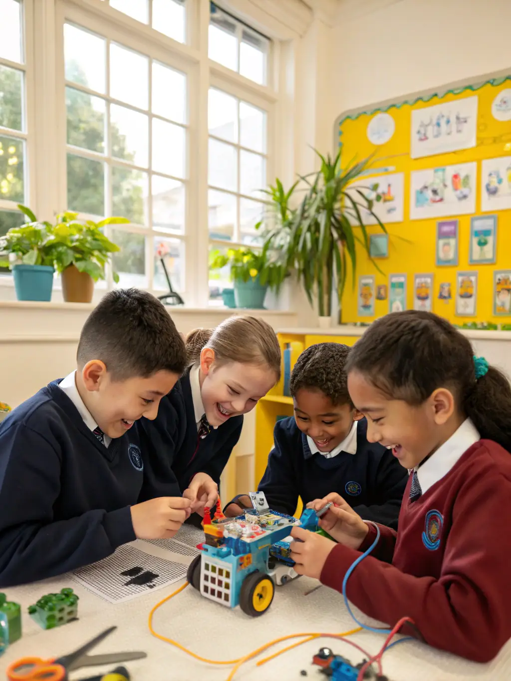 A group of young students are working together on assembling a small model airplane in a brightly lit workshop, showcasing the hands-on learning aspect of GSAA's educational programs.