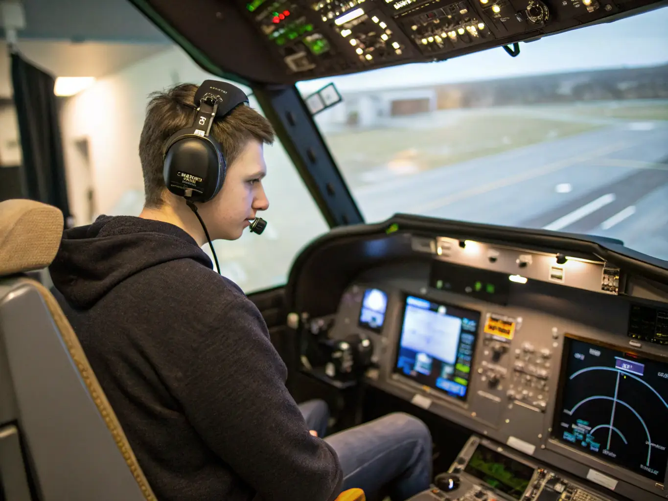 A student is intently focused on using a flight simulator, with a realistic cockpit setup and multiple monitors displaying flight data, emphasizing the technological aspect of the program.