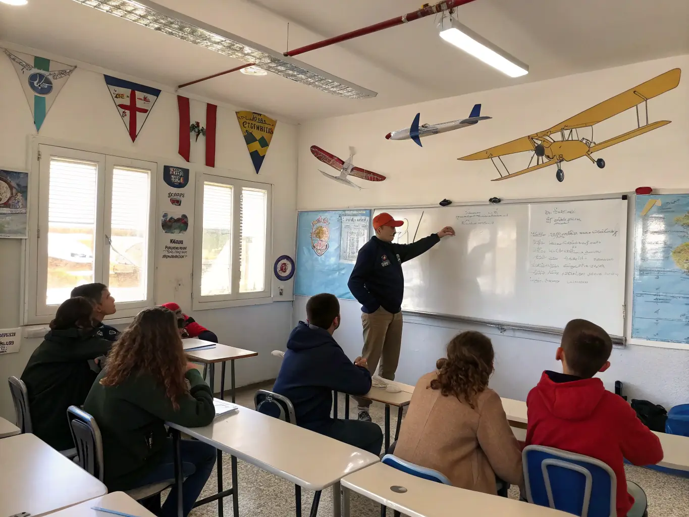 A group of students listening attentively to an instructor during an introductory aeronautics course, with diagrams and models of aircraft visible in the background.