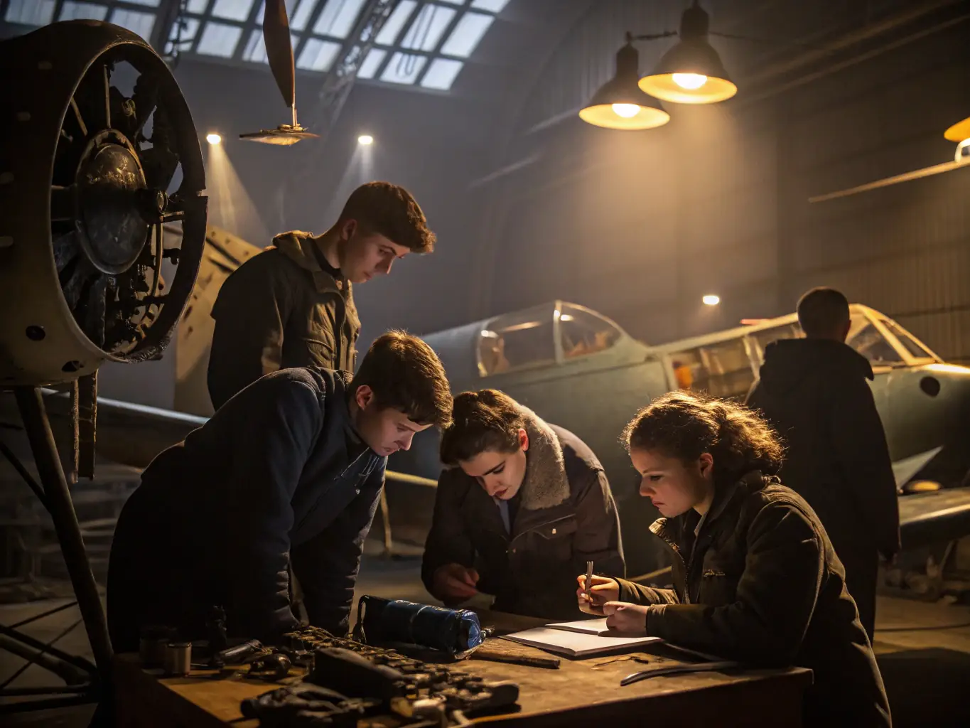 An image of young students assembling model aircraft in a well-equipped workshop, with instructors guiding them through the process.