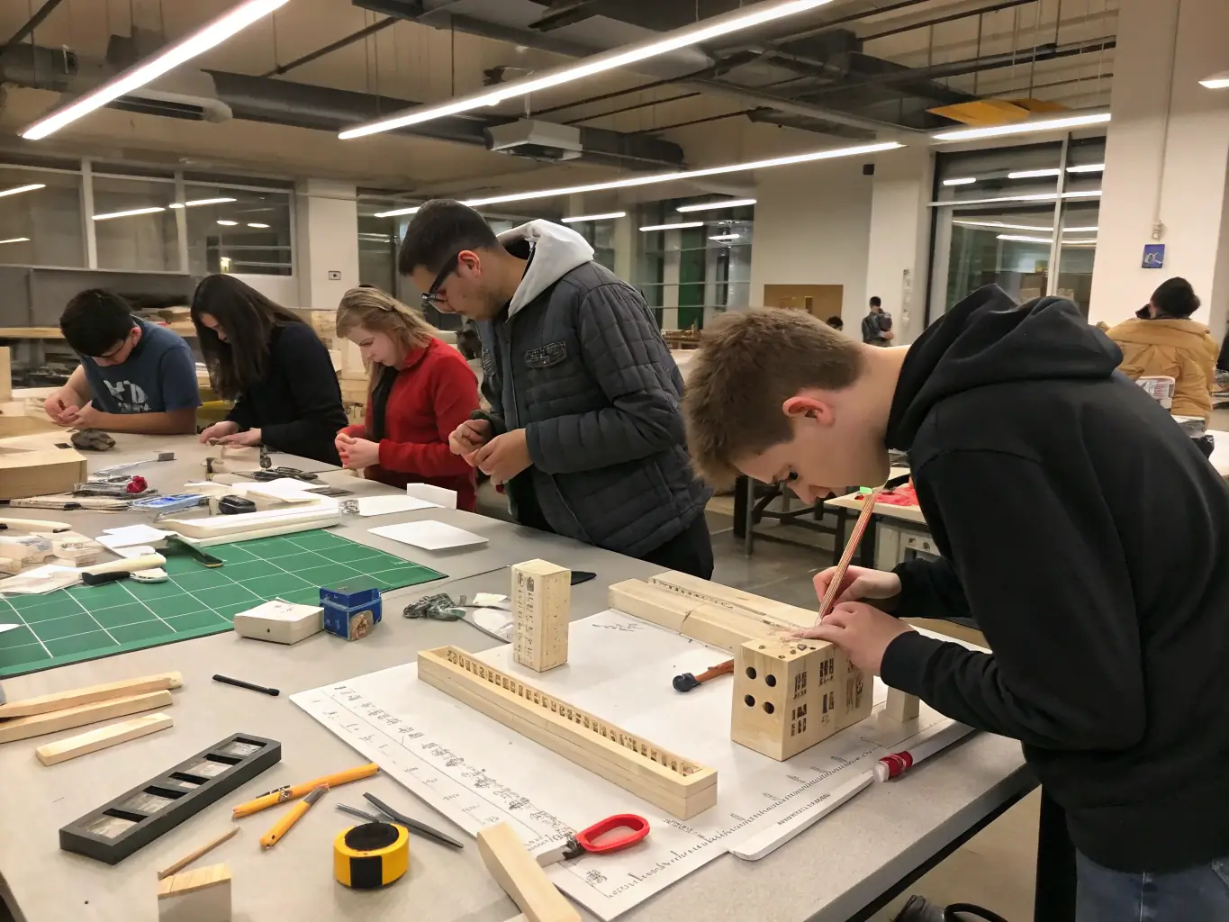 A group of young students are working together on assembling a small aircraft model in a brightly lit workshop, surrounded by tools and diagrams, showcasing hands-on learning.