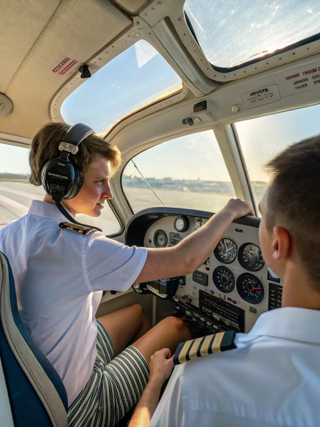 A student pilot in a flight simulator, with an instructor guiding them, illustrating GSAA's commitment to providing accessible flight training experiences.