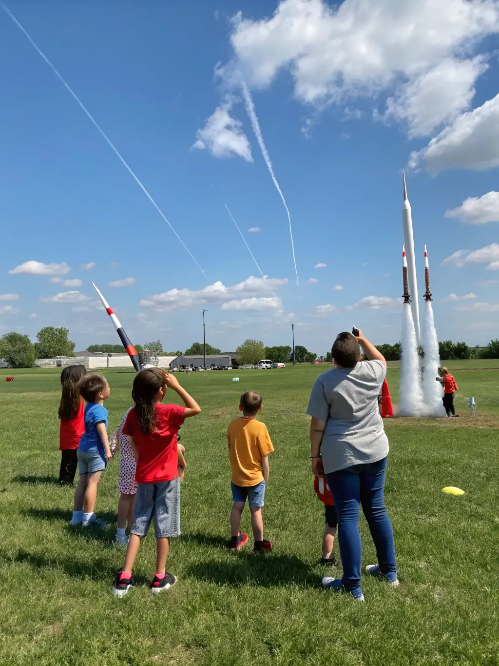 A group of students launching a small rocket during an outdoor activity, highlighting practical application of scientific principles.