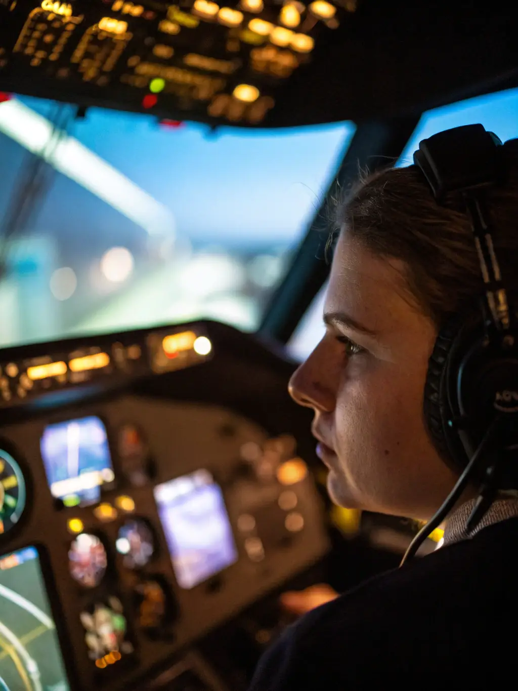 A student using a flight simulator with an instructor guiding them, demonstrating the use of technology in aviation education.