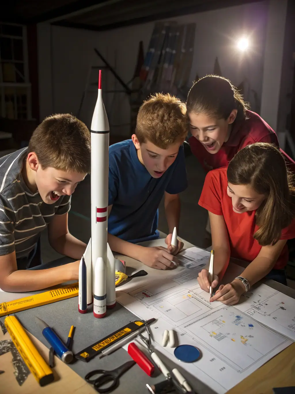 A group of young students working together on assembling a small aircraft model in a brightly lit workshop, showcasing hands-on learning.